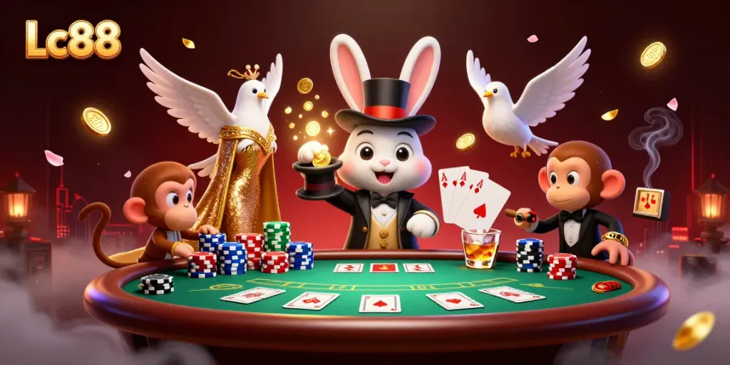Engage with Lc88's vibrant gambling world as a magician rabbit dazzles with coins and poker chips.