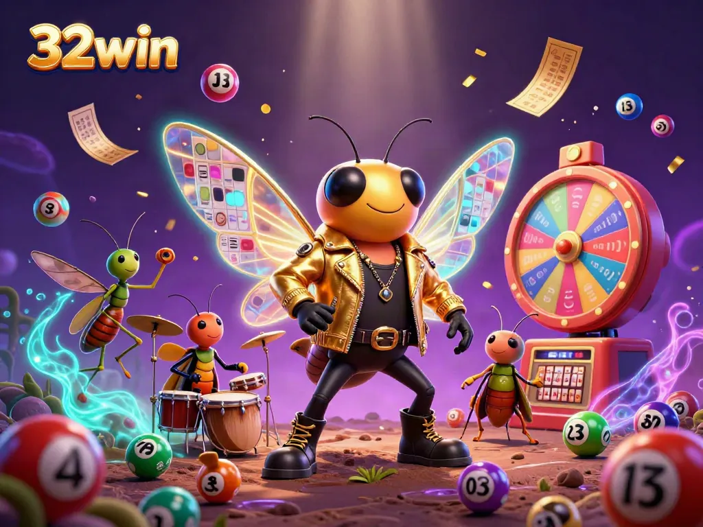 Experience thrilling gambling with 32win, featuring a vibrant scene of lottery excitement and animated characters.