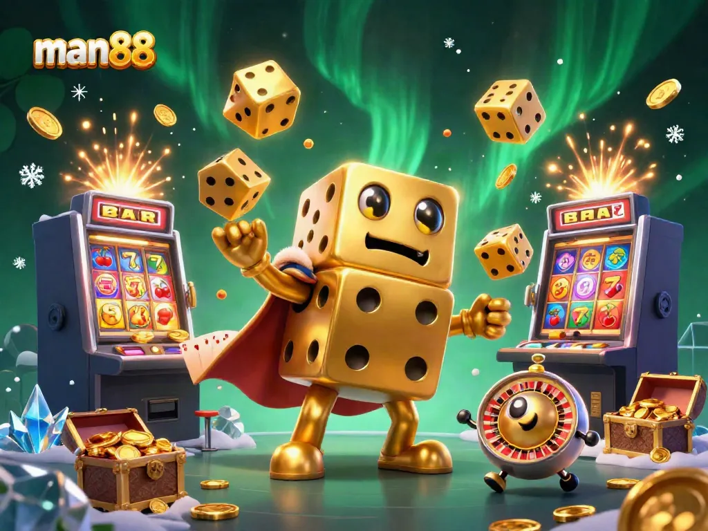 Engage in exciting gambling adventures with man88's vibrant casino illustrations featuring dynamic golden dice and slot machines.