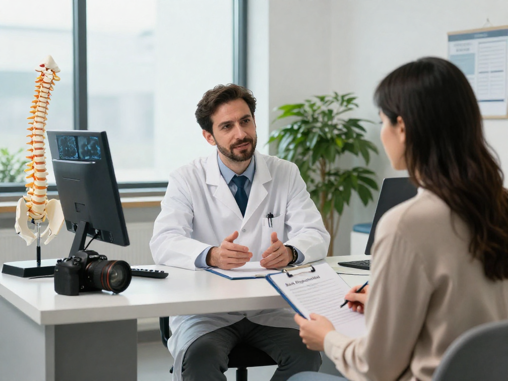 Patient consultation on Bel fıtığı ameliyatı options with physician, showcasing a medical office environment.
