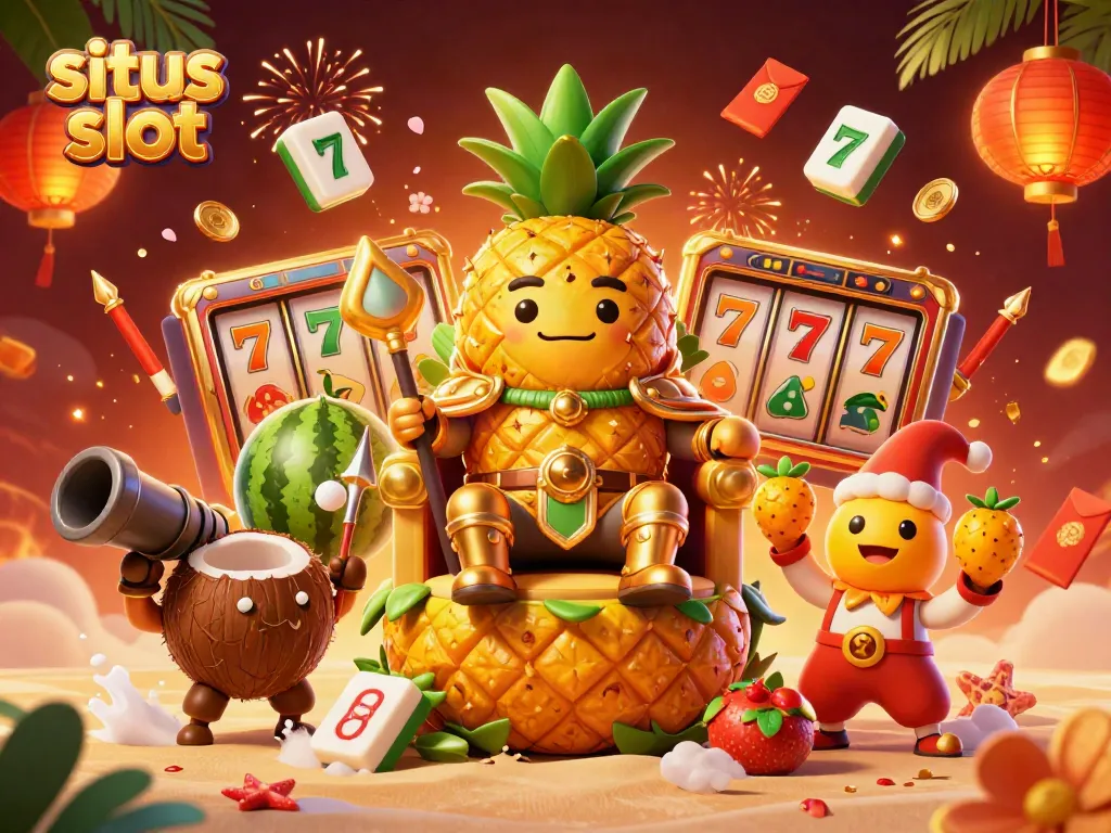 Engage in the excitement of situs slot with a playful 3D illustration featuring a golden pineapple king and vibrant casino elements.