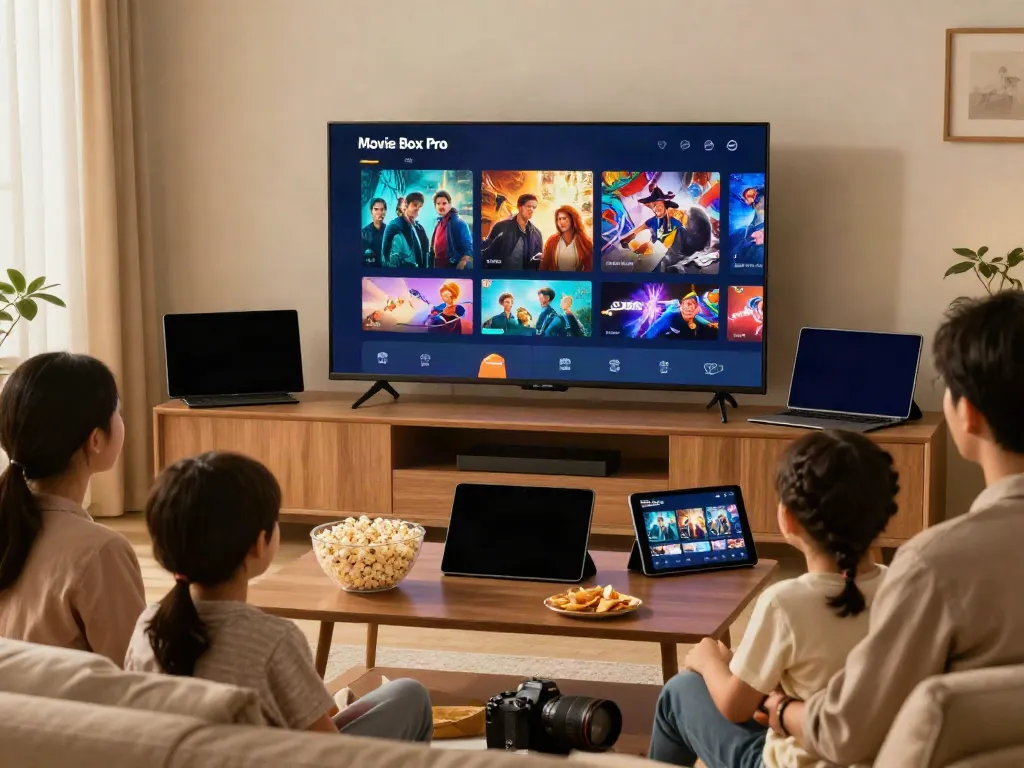 Family enjoying a movie together using the Movie Box Pro app in a cozy living room.