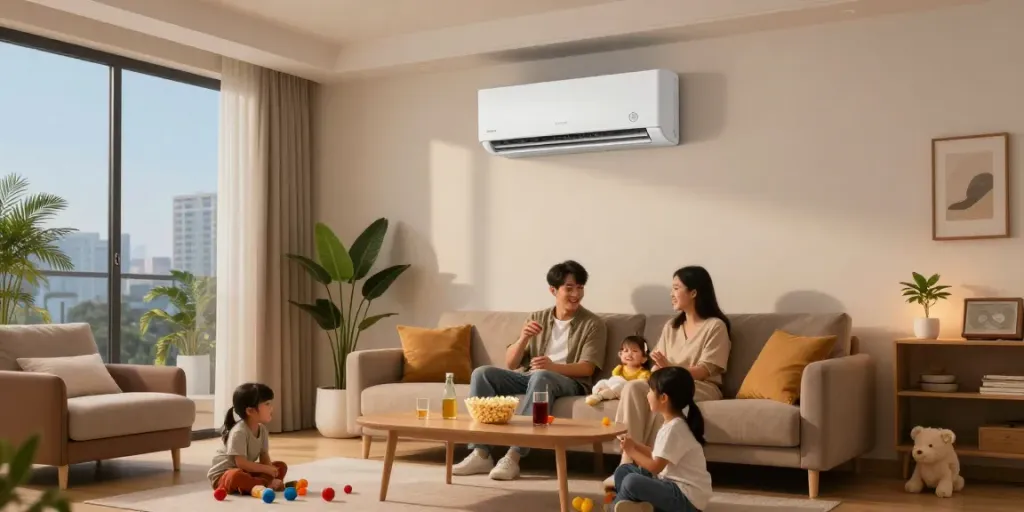 Cozy living room with a mini split air conditioner, family enjoying movie night.
