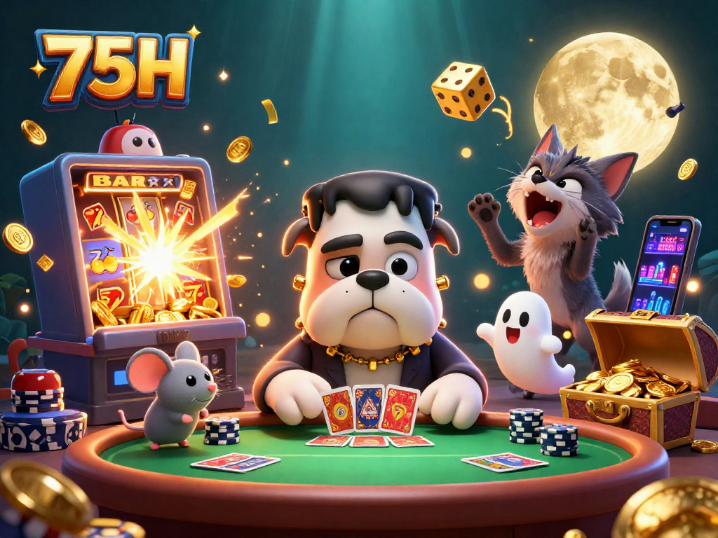 75H jogando cartas em um cassino, com elementos de jogo vibrantes ao redor.