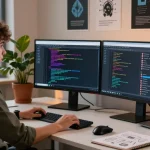 The developer using the Telegram Web Version in a modern workspace, surrounded by tech elements.