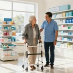 Assistance at a medical supply store showcasing mobility aids like walkers and canes.
