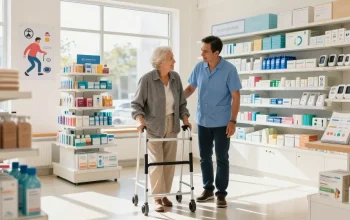 Assistance at a medical supply store showcasing mobility aids like walkers and canes.