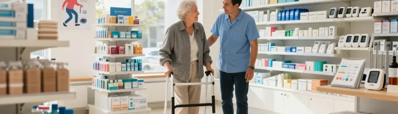 Assistance at a medical supply store showcasing mobility aids like walkers and canes.
