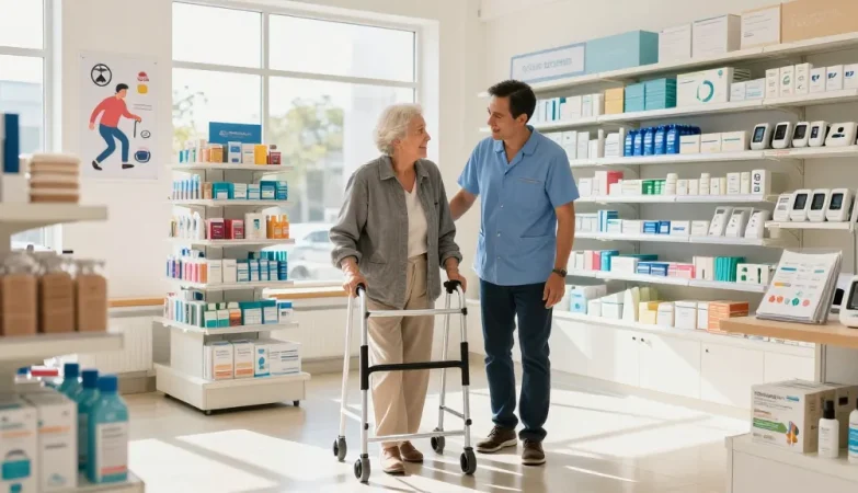 Assistance at a medical supply store showcasing mobility aids like walkers and canes.